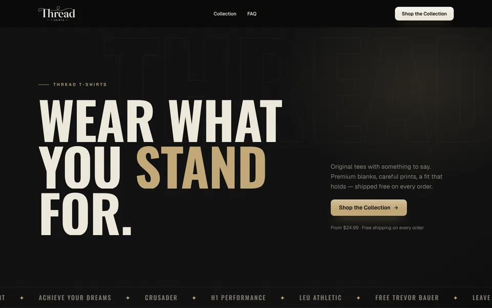 Thread T-Shirts website, first screen